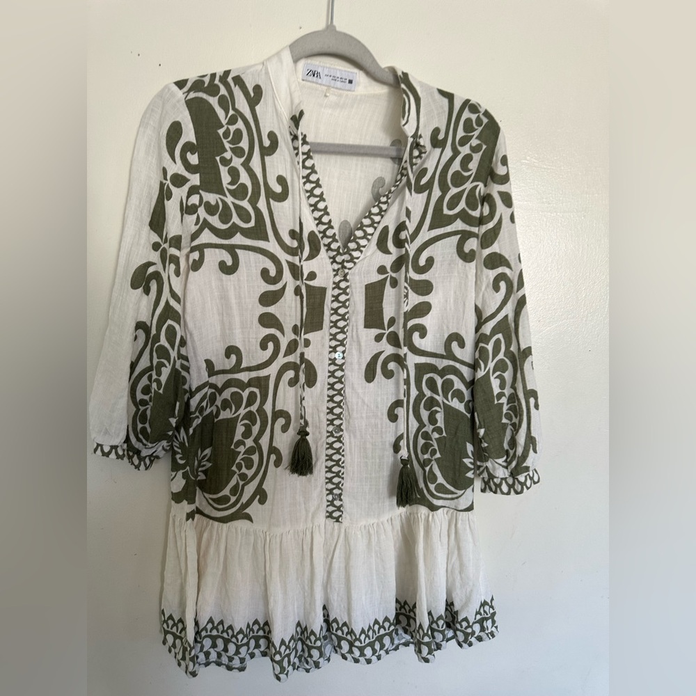 Zara Ecru & Khaki Rustic Printed Mini Dress Size XS - Picture 3 of 10
